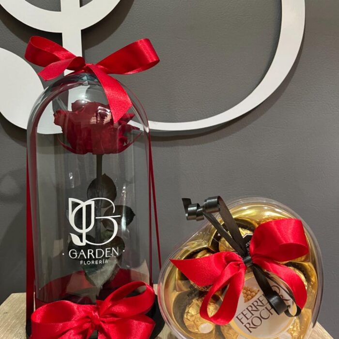 Combo rosa preservada con chocolates